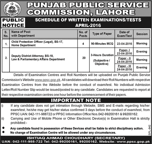 Schedule of Written Examinations/ Tests for Child Protection Officer (Legal) and Deputy District Attorney (April - 2016) 