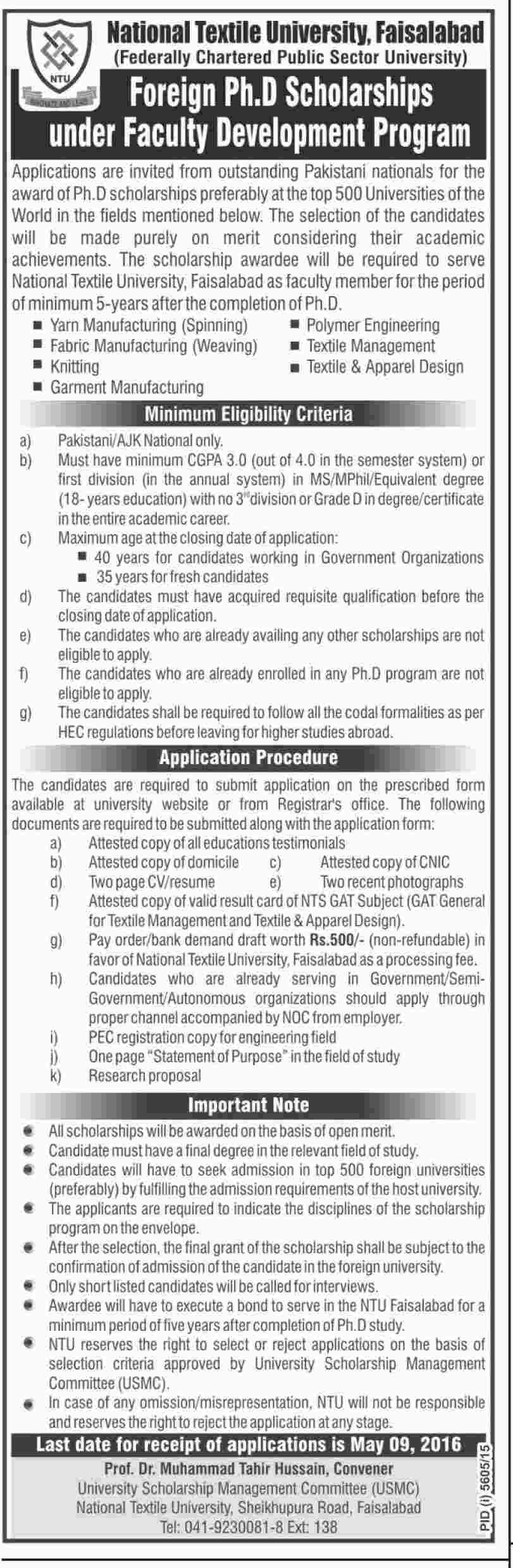 Foreign Ph.D Scholarships under Faculty Development Program, National Textile University, Faisalabad